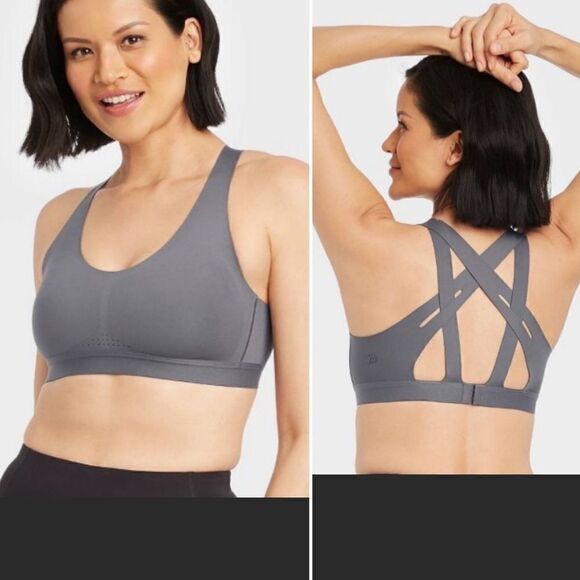 ALL IN MOTION Dark Grey Medium Support Strappy Back Bonded Sports Bra-S NWT - Picture 1 of 8